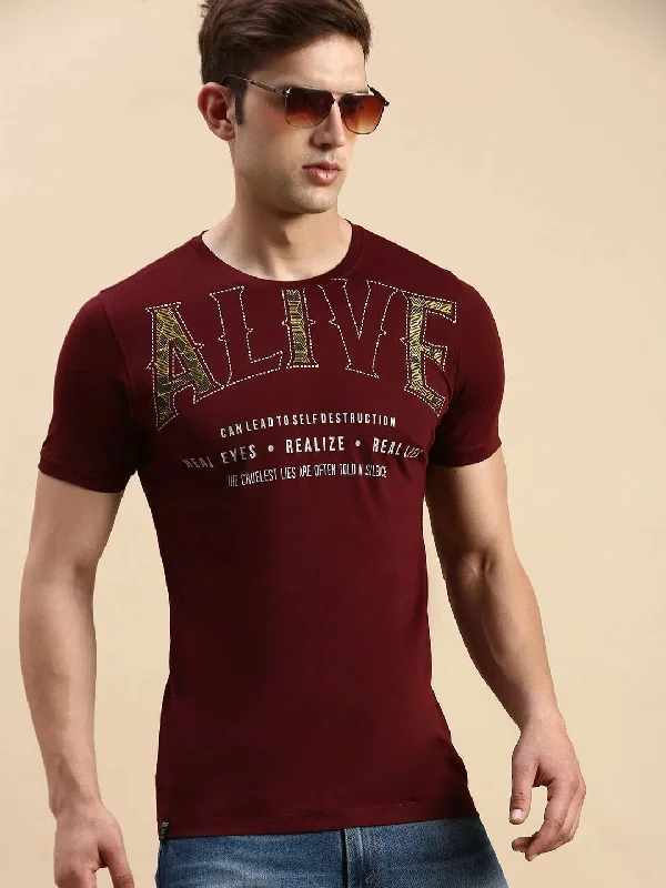 Sheer T-ShirtsMen Burgundy Printed T Shirt-GS-TS-279-Burgundy