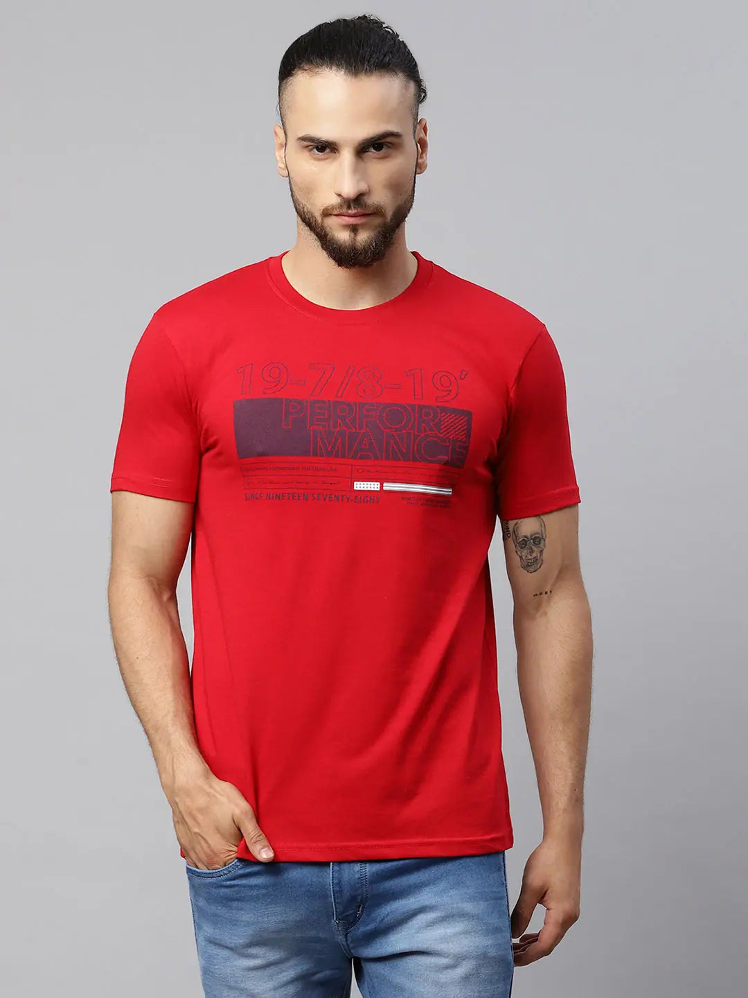 Linen T-ShirtsRodamo Red Printed Round Neck T-shirts-112150102-L