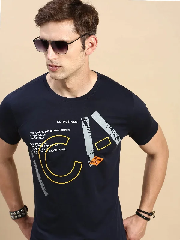 Leather-Paneled T-ShirtsMen Navy Printed T Shirt-GS-TS-274-Navyblue