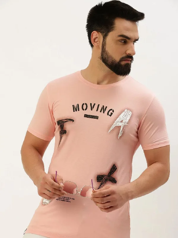 Scoop Neck T-ShirtsMen Pink Printed T Shirt-GS-TS-273-Pink