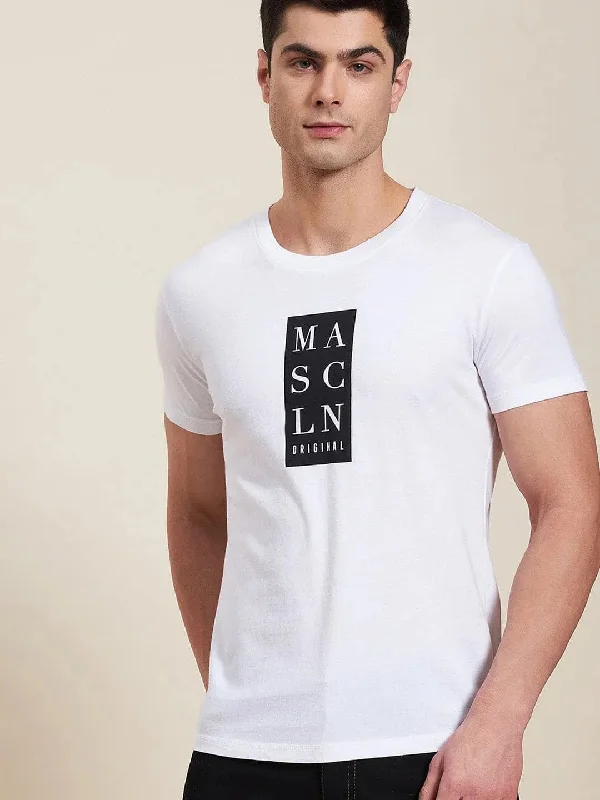 Hemp T-ShirtsMen White Vertical MASCLN Slim Fit T-Shirt