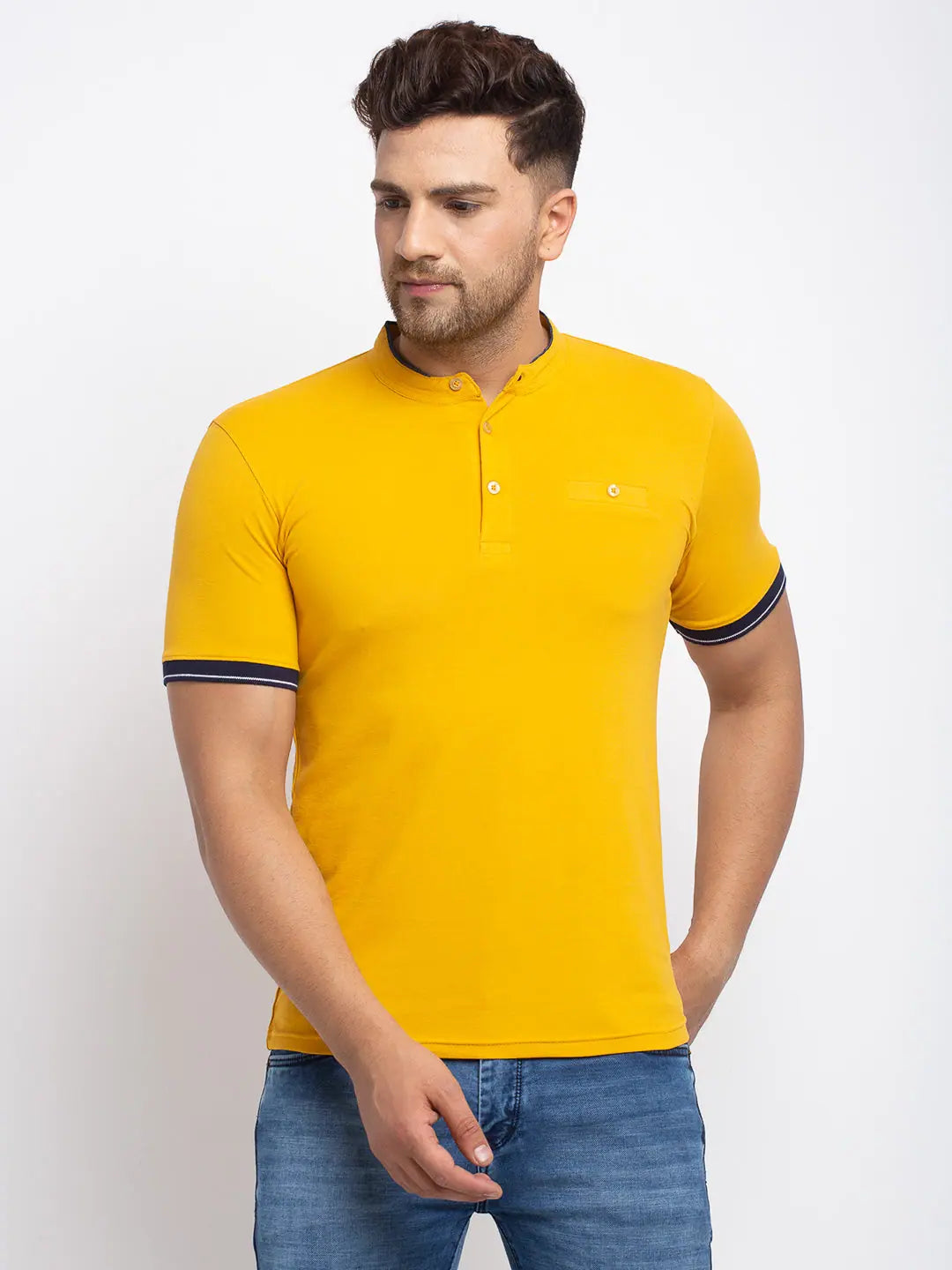 Boat Neck T-ShirtsRodamo Mustard Lycra Henley T-shirts