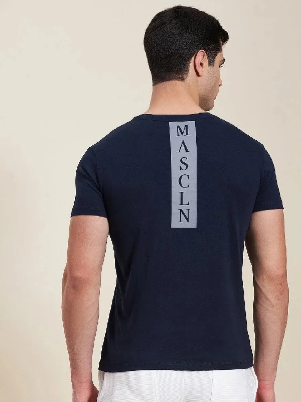 Linen T-ShirtsMen Navy Slim Fit Back Printed MASCLN Logo T-Shirt