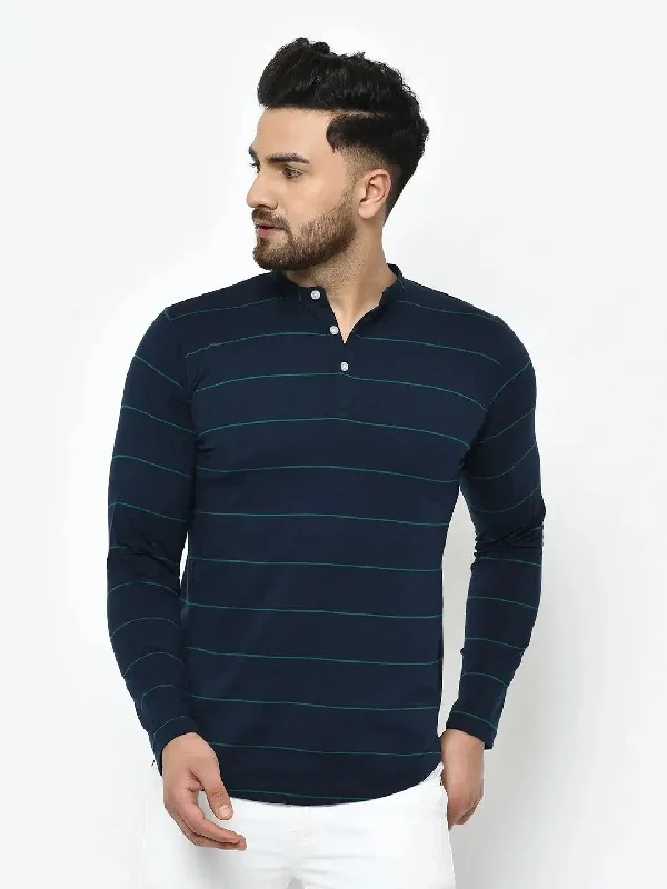 Scoop Neck T-ShirtsRigo Blue Stripe Henley Cotton T-Shirt