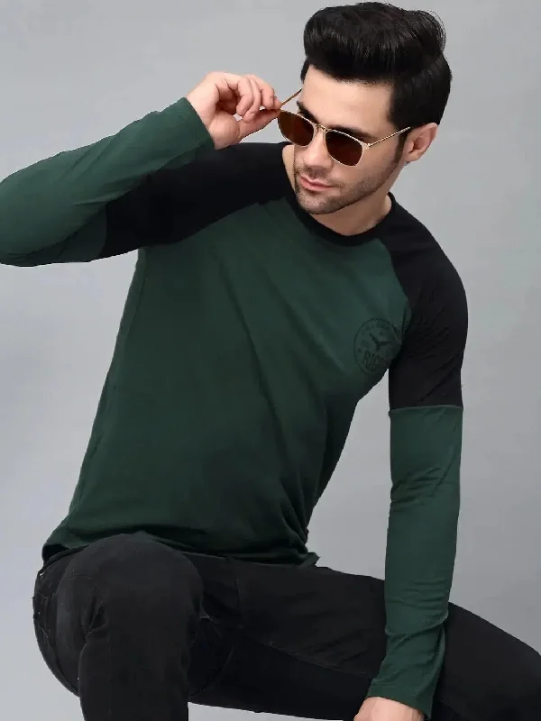 Sequined T-ShirtsRigo Bottle Green Round Neck Raglan Full Sleeve Printed T-Shirt