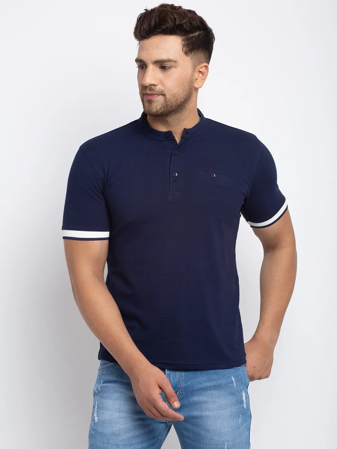 Cropped T-ShirtsRodamo Navy Blue Lycra Henley T-shirts