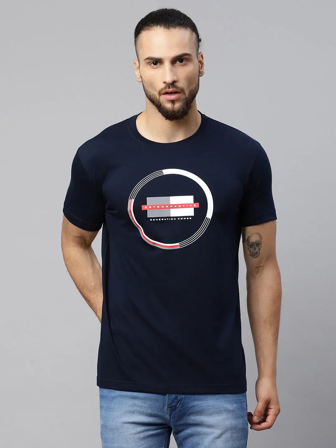 Hemp T-ShirtsRodamo Navy Blue Printed Round Neck T-shirts-112140101-L