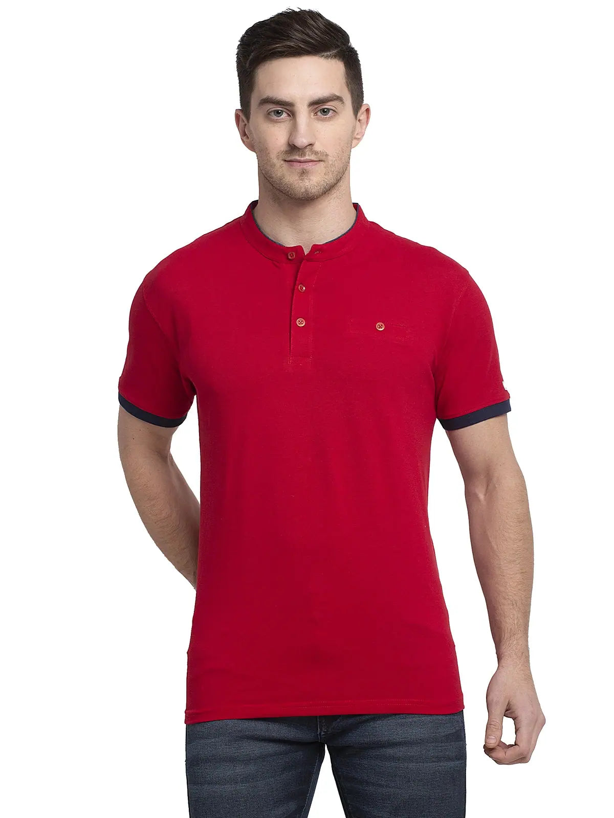 Scoop Neck T-ShirtsRodamo Red Lycra Henley T-shirts