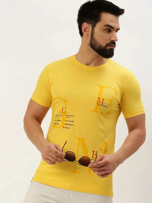 Lace-Up T-ShirtsMen Yellow Printed T Shirt-GS-TS-253-Yellow