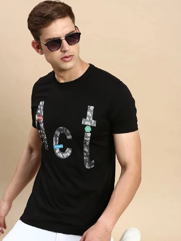 Off-Shoulder T-ShirtsMen Black Printed T Shirt-GS-TS-282-Black