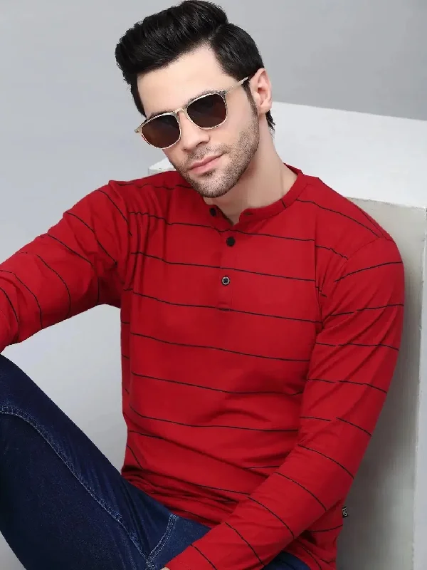 Longline T-ShirtsRigo Striped Henley Neck Full Sleeve T-Shirt-HT07221142-L