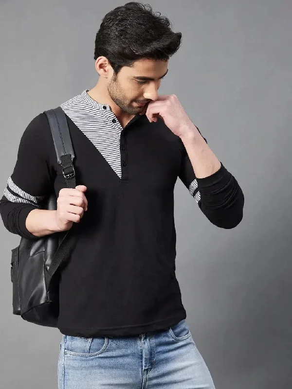 Off-Shoulder T-ShirtsRigo Black With Contrast Detailing Henley Full Sleeve Cotton T-Shirt