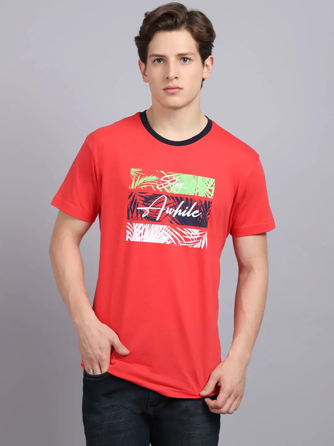 Travel T-ShirtsRodamo Red Printed Round Neck T-shirts-112330102-L