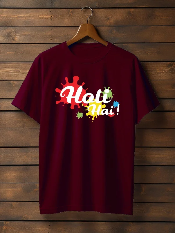 UV-Protection T-ShirtsHoli Maroon Printed Round Neck T-shirt