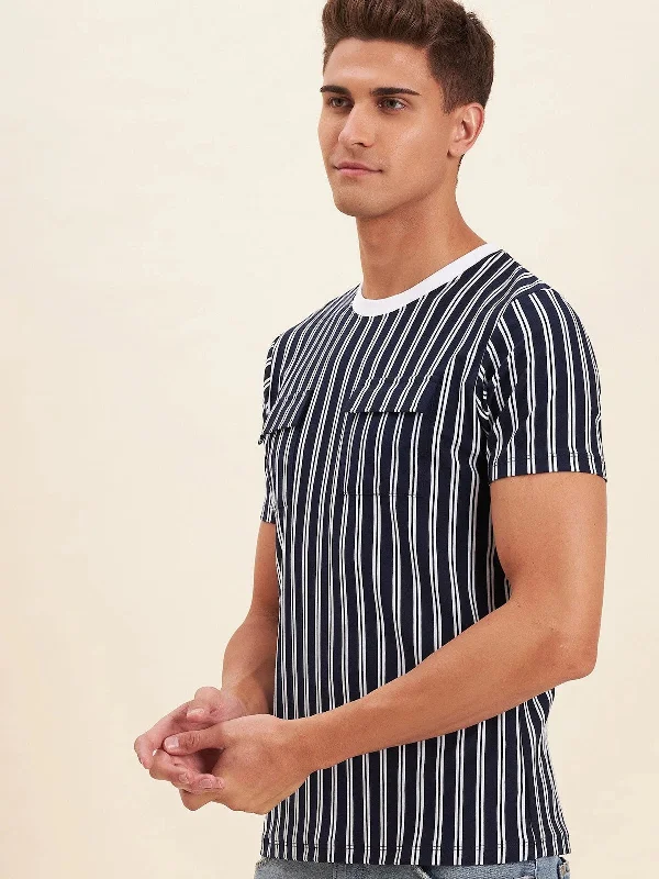 Blended Fabric T-ShirtsMen Navy & White Stripes Double Pocket Cotton T-Shirt