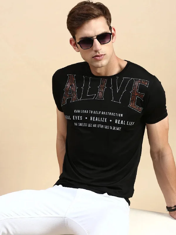 Cropped T-ShirtsMen Black Printed T Shirt-GS-TS-279-Black