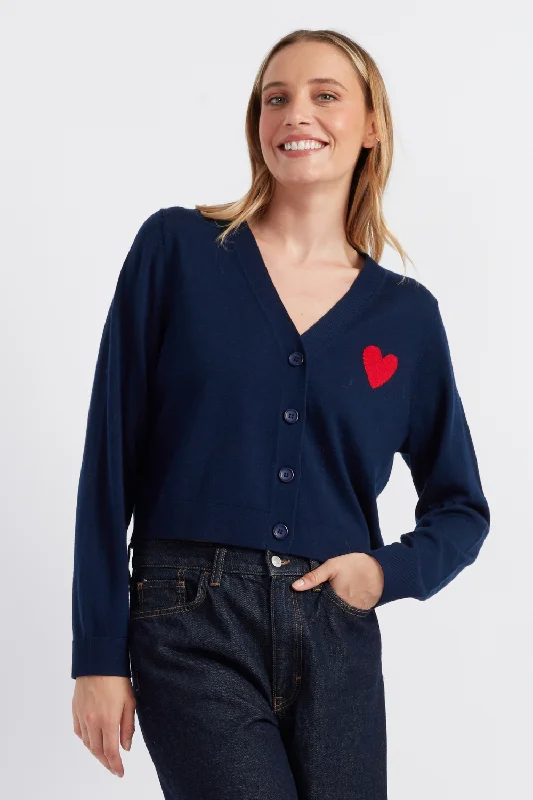 Navy Merino Heart Breton Cardigan