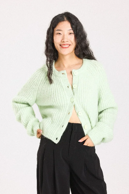 Janet Ribbed Alpaca Wool Knit Cardigan  - Lime