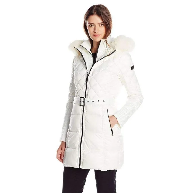 White Belted Down Coat with Fur HoodBreathability