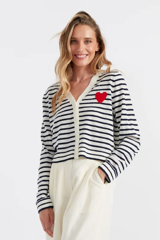 Cream-Navy Merino Heart Breton Cardigan