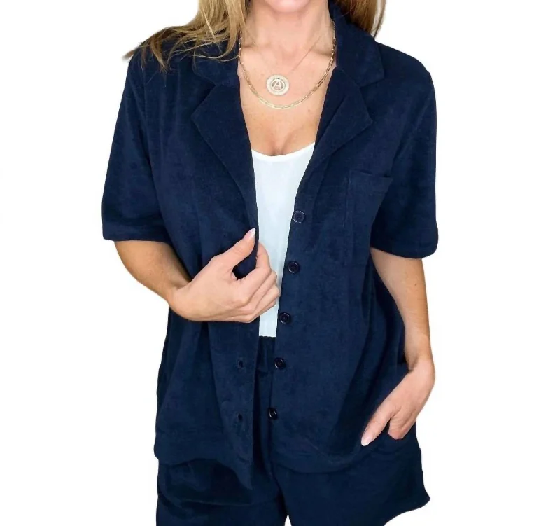 French Terry Button Down Top In NavyDown windbreaker