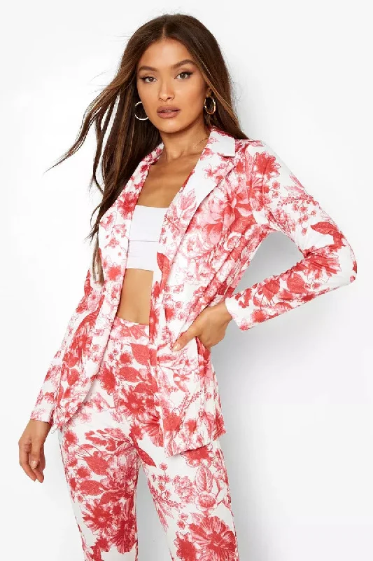 Boohoo Porcelain Red Print Fitted Womens BlazerBlazeraugmented