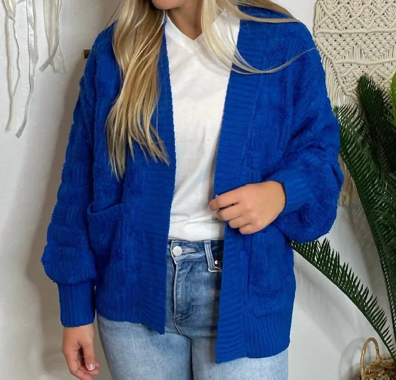 Fluffy Checker Cardigan In Cobalt