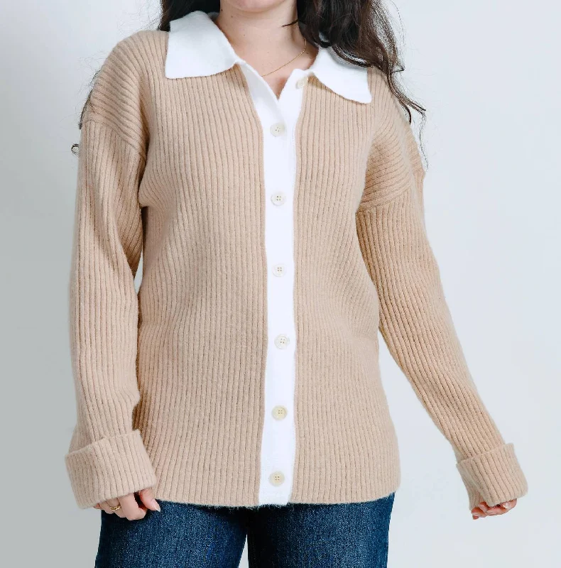 Contrast Two Tone Ribbed Cardigan In Cream/beige