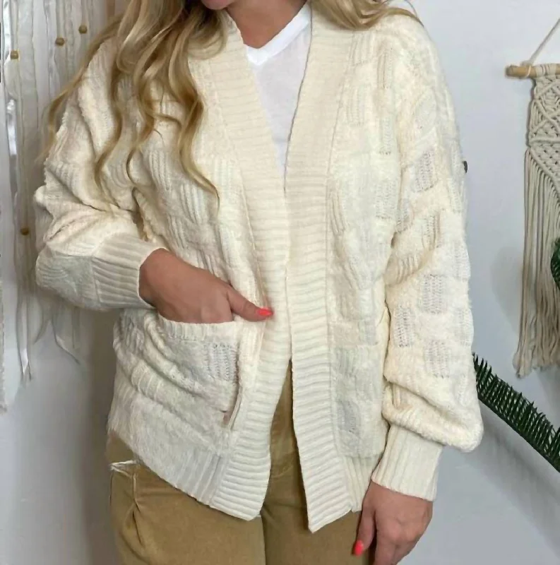 Fluffy Checker Cardigan In Ivory