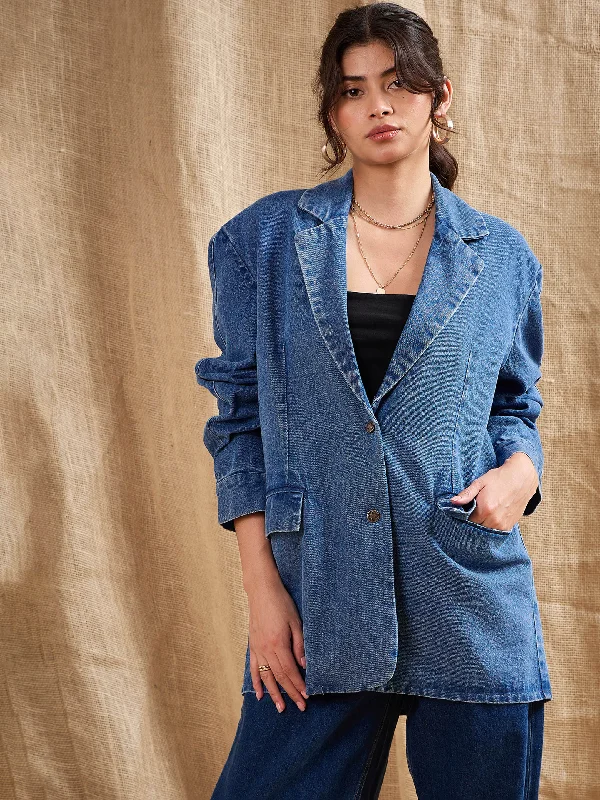 Women Blue Denim Washed Oversized Notch Collar BlazerBlazertrend