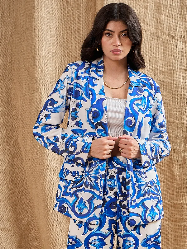 Women Blue Floral Printed Shawl Collar BlazerBlazerclassic