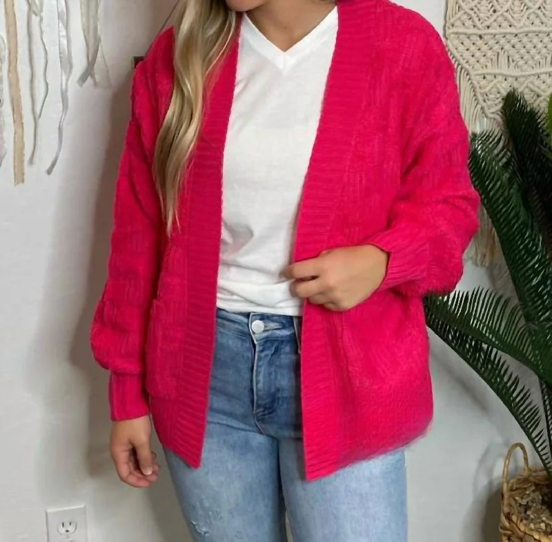 Fluffy Checker Cardigan In Hot Pink