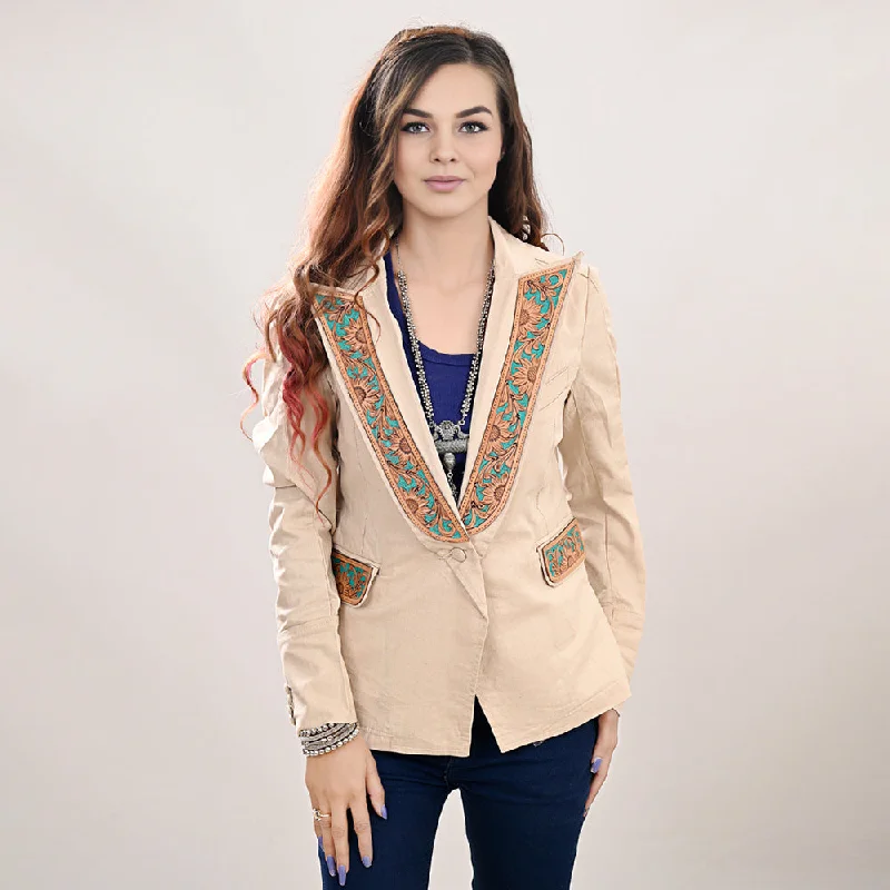 ADBZ038 Genuine leather Hand tooled hand carved Women Blazer dress jacket ladies GirlBlazerrobot