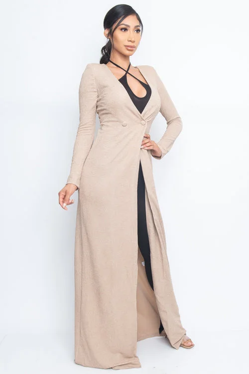 'Maxi Mogul' Long Sleeve Plunge V Neck Double Breasted Long Style Duster/ Blazer with Back Split (BE70065)Blazercasual