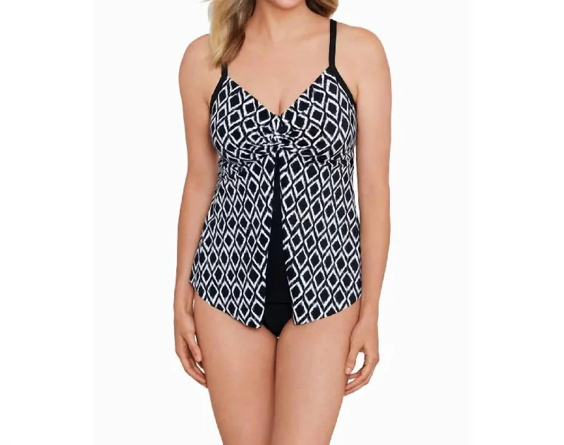 Batik Charm Knotted Flyaway Tankini Top In Black/ivory