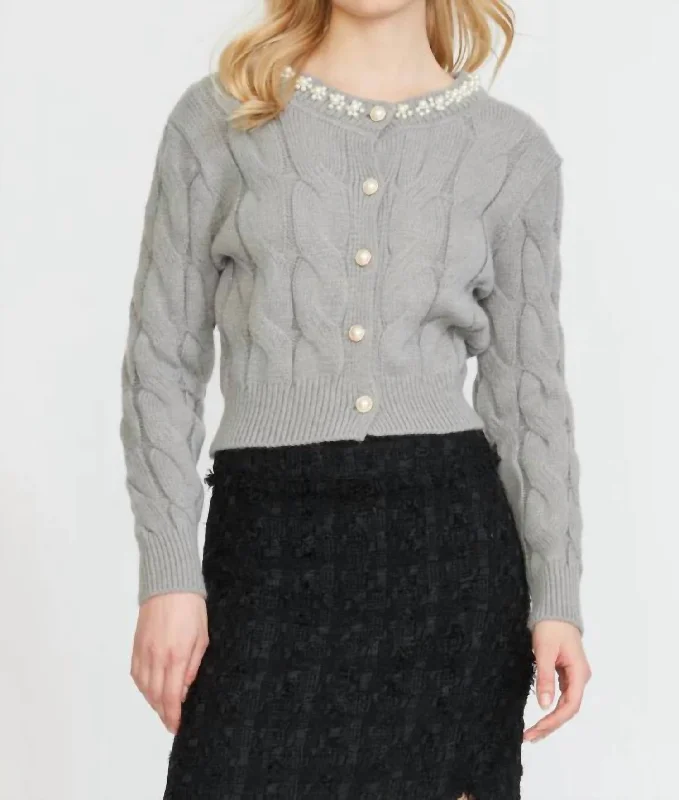 Cable Cardigan With Pearl Trim In Silver