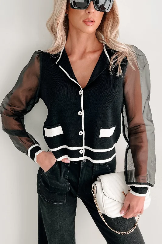 Chic Perception Organza Sleeve Cardigan (Black/Ivory)