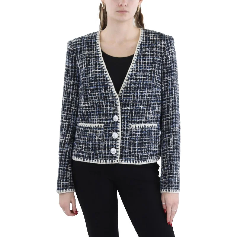 Veronica Beard Womens Tweed Contrast Trim Collarless BlazerBlazerliterature