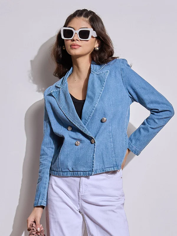 Women Blue Denim Front Button Notch Collar Crop BlazerBlazerexhibition