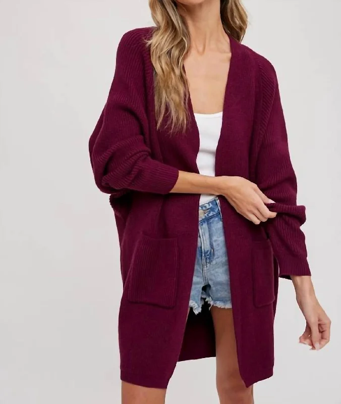 Open Front Batwing Sleeve Cardigan In Plum