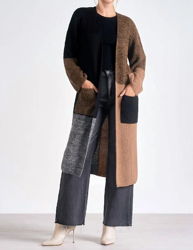 Colorblock Long Cardigan In Black/brown