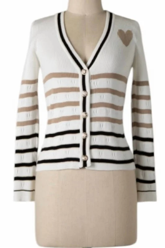 Women's Heart Stripe Cardigan In Black, Khaki And White