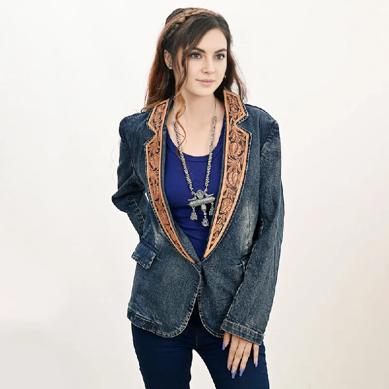 ADBZ043 Genuine leather Hand tooled hand carved Women 100% cotton Denim Blazer dress jacket ladies GirlBlazervirtual