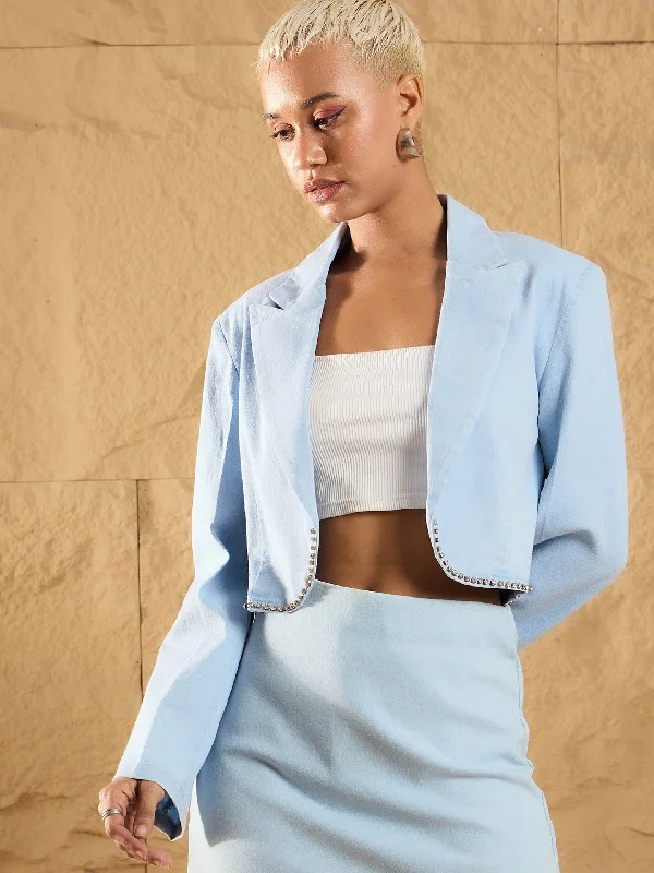 Women Ice Blue Notch Collar Crop BlazerBlazerprint