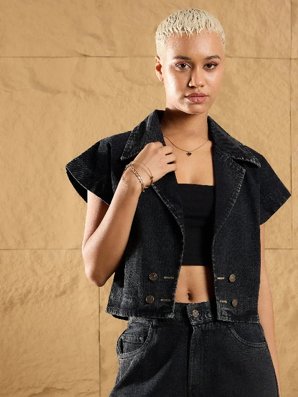 Women Black Denim Washed Front Open Crop GiletBlazercourt