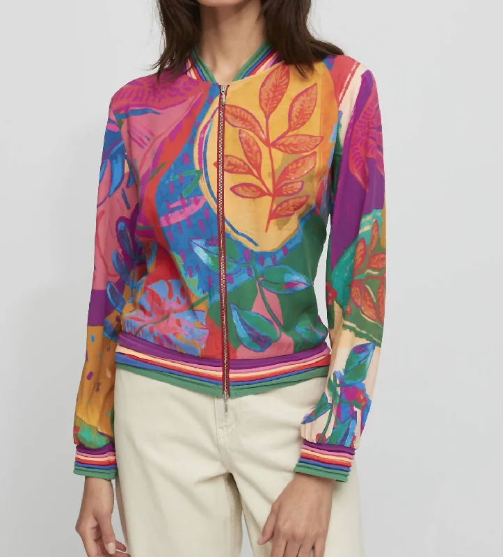 Ariel Zip Bomber Cardigan Jacket In Purple/pink/multi