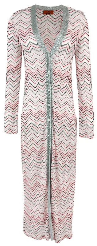 Missoni Long Chevron Cardigan in Red, Silver and Light Pink