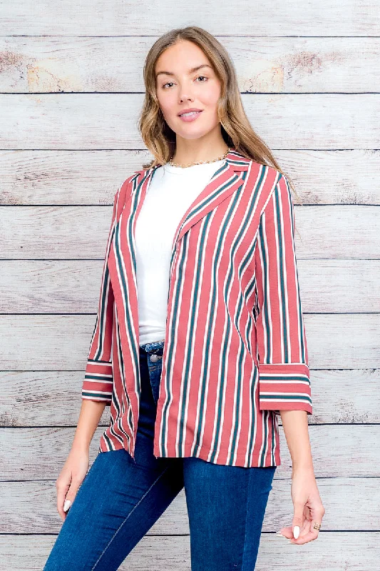 3/4 Sleeve Multi Color Stripe Blazer with Open Front and Contrast Cuff* (31751-CH807)Blazerdata