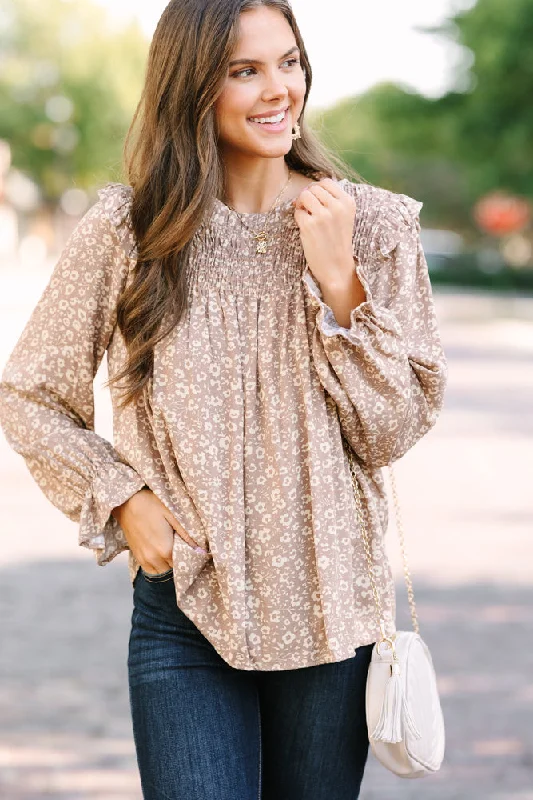 Running ShirtsAll About You Taupe Brown Floral Blouse