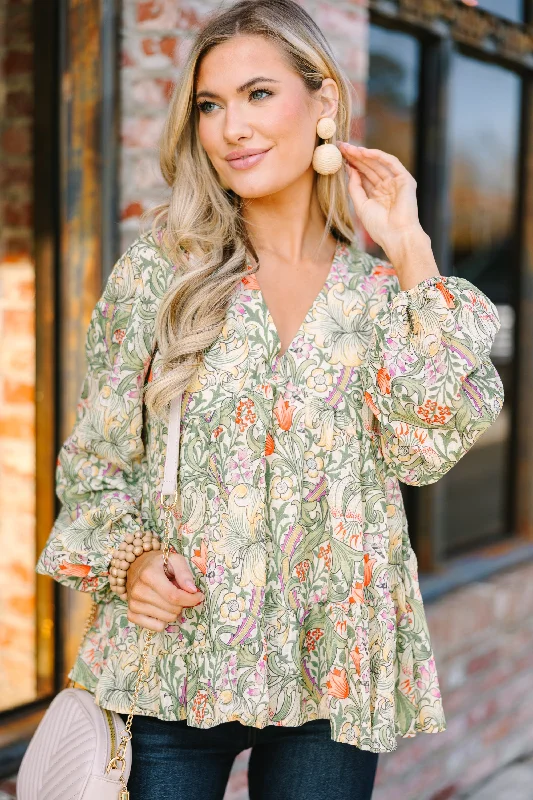 Mesh ShirtsAll For Love Olive Green Floral Blouse